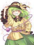  1girl black_hat blush cheunes eyebrows_visible_through_hair eyes_closed frilled_sleeves frills green_hair green_skirt hair_between_eyes hand_on_headwear hat hat_ribbon highres komeiji_koishi long_hair long_sleeves parted_lips ribbon shirt skirt solo teeth third_eye touhou wide_sleeves yellow_ribbon yellow_shirt 