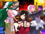  3girls black_hair breasts green_hair huge_breasts maid_uniform multiple_girls omc pink_hair pointy_ears red_eyes 