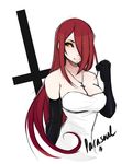  1girl bare_shoulders breasts cleavage cross cross_necklace female gloves hair_over_one_eye inverted_cross large_breasts long_hair necklace parasoul_(skullgirls) red_hair skullgirls solo upper_body yellow_eyes 