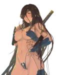  1girl breasts brown_eyes brown_hair character_request cleavage closed_mouth commentary_request cowboy_shot dark_skin eyepatch gauntlets highleg highleg_panties impossible_clothes katana large_breasts long_hair mole mole_under_eye navel original panties revealing_clothes sheath sheathed simple_background solo standing sword take_no_ko_(dodon) underboob underwear weapon white_background 