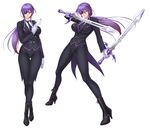  1girl battle_stance butler fighting_pose high_heels kagami_hirotaka lilith-soft onmyou_kishi_towako purple_hair shiki_reika solo sword 
