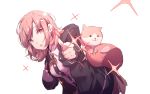  1girl :3 :o animal_ears backpack bag beige_skirt black_jacket breasts cat_bag commentary_request danganronpa eyebrows_visible_through_hair flipped_hair hair_ornament hairclip highres hood hooded_jacket hoodie jacket large_breasts nanami_chiaki pink_backpack pink_bag pink_eyes pink_hair pink_neckwear pink_ribbon pointing pointing_at_viewer ribbon shirt short_hair simple_background skirt solo star super_danganronpa_2 upper_body upper_teeth white_background white_shirt yumuto_(spring1786) 