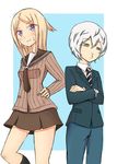  1boy 1girl blonde_hair blue_background blush breasts jacket konami_kirie kuga_yuuma long_hair necktie pants purple_eyes school_uniform short_hair skirt socks wavy_mouth white_hair world_trigger 