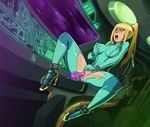  1girl blonde_hair blush bodysuit breasts cockpit crotch_cutout dildo erect_nipples katoki masturbation metroid nintendo object_insertion open_mouth ponytail pussy samus_aran self_fondle solo spread_legs vibration 