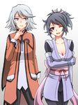  2girls black_hair blue_eyes bra breasts brown_eyes capelet cleavage coat gloves grey_hair japanese_clothes multiple_girls one_eye_closed pants ponytail refill_sage sheena_fujibayashi short_hair smile tales_of_(series) tales_of_symphonia underwear wink 