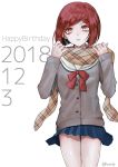  1girl 2018 @ alternate_costume artist_name blue_skirt bob_cut bow breasts commentary_request danganronpa dated eyebrows_visible_through_hair grey_shirt happy_birthday long_sleeves looking_at_viewer new_danganronpa_v3 pleated_skirt red_eyes red_hair sakuyu scarf school_uniform shirt short_hair simple_background skirt small_breasts solo white_background yumeno_himiko 