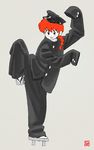  1girl :p artist_request full_body genderswap grey_background lucille ponytail ranma-chan ranma_1/2 red_hair saotome_ranma simple_background solo standing standing_on_one_leg tongue tongue_out 