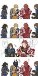  4koma armor black_hair blush brown_hair card comic granblue_fantasy highres lancelot_(granblue_fantasy) laughing long_hair multiple_boys pauldrons percival_(granblue_fantasy) playing_card red_eyes red_hair short_hair siegfried_(granblue_fantasy) simple_background smile stifled_laugh translated trembling undercut vane_(granblue_fantasy) white_background zinnkousai3850 