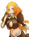  adapted_costume alternate_color bleach blue_eyes blush breasts cleavage cleavage_cutout flower hair_flower hair_ornament inoue_orihime knife_in_mouth kunai large_breasts long_hair meitarou midriff navel orange_hair solo sparkle weapon 