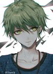  1boy @ amami_rantarou artist_name closed_mouth collarbone commentary_request danganronpa ear_piercing earrings eyebrows_visible_through_hair face green_eyes green_hair hair_between_eyes jewelry looking_at_viewer male_focus necklace new_danganronpa_v3 piercing sakuyu shirt short_hair solo striped striped_shirt 