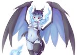  1girl bikini blue_fire blue_skin breasts charizard claws dunceneygak elbow_gloves fire gloves horns mega_charizard_x mega_pokemon monster_girl navel personification pokemon pokemon_(game) red_eyes smile solo stomach swimsuit tail thighhighs wings 