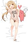  :3 ;o arm_up blonde_hair blush brown_eyes clothes_writing commentary_request eyebrows_visible_through_hair flat_chest from_above full_body futaba_anzu grey_shirt groin hand_in_hair handheld_game_console holding holding_by_the_ears holding_stuffed_animal idolmaster idolmaster_cinderella_girls korean_commentary long_hair looking_at_viewer low_twintails lying mx2j_(nsh6394) on_back on_bed one_eye_closed open_mouth panties pillow see-through shirt short_sleeves solo stuffed_animal stuffed_bunny stuffed_toy t-shirt twintails underwear white_background white_panties 