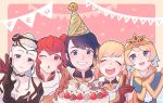  1boy 4girls alfonse_(fire_emblem) anna_(fire_emblem) anniversary black_gloves blonde_hair blue_eyes blue_hair breasts brother_and_sister cake cleavage closed_mouth crown d0o00o0b earrings eir_(fire_emblem) eyes_closed feh_(fire_emblem_heroes) fire_emblem fire_emblem_heroes fjorm_(fire_emblem_heroes) food gloves gradient_hair grin hair_ornament hat jewelry long_hair multicolored_hair multiple_girls nintendo one_eye_closed open_mouth party_hat pink_hair ponytail red_eyes red_hair sharena short_hair siblings silver_hair smile 