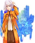  1girl blue_background blue_eyes breasts capelet coat grey_hair pants refill_sage short_hair smile tales_of_(series) tales_of_symphonia 