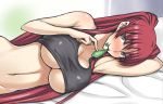  1girl arm_behind_head armpits blush bottomless breasts brown_eyes cleavage condom condom_in_mouth covered_nipples darabuchi kousaka_tamaki large_breasts long_hair looking_at_viewer lying mouth_hold navel nose_blush on_bed on_side red_hair solo stomach sweat tank_top to_heart_2 two_side_up upper_body used_condom very_long_hair 
