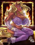  2019 anthro big_breasts blonde_hair blue_eyes breasts brown_fur cleavage clothed clothing clydesdale draft_horse duo_(artist) equine eyeshadow female fire fireplace fur hair horse huge_breasts jackie_rose legwear long_hair looking_at_viewer makeup mammal mature_female navel seductive sergeantbuck signature sitting solo stockings thigh_highs underwear 
