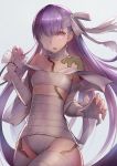  1girl bandage bandage_over_one_eye bandaged_arm bandaged_head bandages bangs bow collar fate/grand_order fate_(series) flat_chest hair_bow highres kingprotea long_hair looking_at_viewer moss naked_bandage omoti_(1201208) open_mouth purple_eyes purple_hair scar solo very_long_hair white_bow 