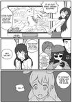  2girls absurdres aikiyun animal_ears beret bunny_ears coco_adel comic controller dark_skin english fox_alistair game_console greyscale hat highres meta monochrome multiple_boys multiple_girls playing_games raised_eyebrow rwby smile sunglasses velvet_scarlatina video_game yatsuhashi_daichi 