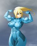  1girl abs biceps blonde_hair blue_eyes breasts covered_navel curvy elee0228 female flexing large_breasts long_hair muscle nextartist parted_lips ponytail pose samus_aran smile solo thick_thighs wide_hips zero_suit 