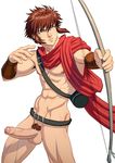  1boy abs archery arrow bara bottomless bow_(weapon) brown_hair foreskin gensou_suikoden gensou_suikoden_ii kinnison_(suikoden) male_focus muscle nipples nude pecs penis pubic_hair short_hair solo szadek tagme testicles uncensored weapon 