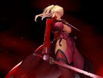  1girl bangs belt blonde_hair bodysuit breasts center_opening cleavage closed_mouth coat cowboy_shot cross-laced_clothes gloves hair_ribbon holding holding_sword holding_weapon kageshio_(276006) large_breasts looking_at_viewer open_clothes open_coat red_background red_clothes red_eyes ribbon shinganji_kurenai shiny shiny_skin short_twintails solo standing sword taimanin_(series) taimanin_kurenai thighhighs thighs trench_coat twintails weapon 