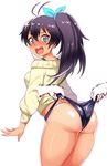  1girl antenna_hair ass black_hair blue_eyes breasts denim denim_shorts fang from_behind ganaha_hibiki hair_ribbon huge_ass idolmaster long_hair looking_at_viewer looking_back open_mouth ponytail ribbon shiny shiny_clothes shiny_skin short_shorts shorts sideboob smile sweatdrop tan tanline teardrop thick_thighs wedgie yokkora 