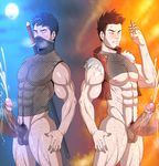  2boys abs bara bottomless cum handjob male_focus multiple_boys muscle nipples pecs penis size_difference steam sweat testicles toto_(artist) uncensored wince yaoi 