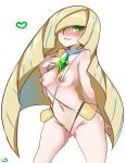  1girl belly blonde_hair blush breasts creatures_(company) eyebrows game_freak green_eyes heart lightsource long_hair lusamine_(pokemon) milf nintendo pokemon pokemon_(game) pokemon_sm pussy simple_background smile solo stomach white_background 
