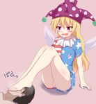  1girl american_flag_dress barefoot blonde_hair censored clownpiece feet foot_on_head foot_worship iberiko_(soinesitai) legs long_hair open_mouth purple_eyes pussy smell toes touhou wings 