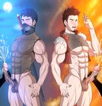  abs bara bottomless cum handjob male_focus multiple_boys muscle nipples pecs penis size_difference steam sweat testicles toto_(artist) uncensored wince yaoi 