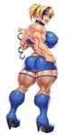  back birthmark blonde_hair blue_eyes breasts cuffs extreme_muscles female fishnets handcuffs high_heels large_breasts lipstick looking_at_viewer makeup muscle nail_polish piercing solo speh 