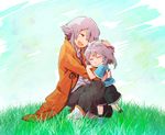  1boy 1girl blush brother_and_sister capelet coat eyes_closed genius_sage grass grey_hair hug open_mouth pants refill_sage shoes short_hair shorts siblings smile socks tales_of_(series) tales_of_symphonia 