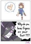  2koma =_= androgynous android black_hair boot_removed boots brown_hair closed_eyes comic commentary constricted_pupils denim denim_shorts english frisk_(undertale) grey_skin hair_over_one_eye hato_moa knee_boots mettaton mettaton_ex purple_eyes shaded_face shirt shoes shorts signature simple_background single_shoe striped striped_shirt sweat toes undertale wavy_mouth white_background 