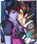  2girls amelie_lacroix breast_grab breasts goggles grabbing groping lena_oxton licking multiple_girls nipples one_breast_out overwatch purple_skin ticktank tracer_(overwatch) widowmaker_(overwatch) yuri 
