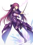  1girl bangs black_bow bodysuit bow breasts center_opening cleavage dress fate/grand_order fate_(series) full_body garter_straps hair_bow high-waist_skirt highres holding holding_wand large_breasts long_hair looking_at_viewer magic omoti_(1201208) petals purple_bodysuit purple_dress purple_footwear purple_hair purple_skirt red_eyes runes scathach_(fate)_(all) scathach_skadi_(fate/grand_order) shoulder_armor showgirl_skirt skirt smile smug standing standing_on_one_leg thighhighs tiara very_long_hair wand 