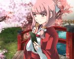  +_+ 1girl architecture bridge calligraphy_brush cherry_blossoms east_asian_architecture elbow_gloves fire_emblem fire_emblem_if gloves highres holding hoshino_(pixiv12796893) japanese_clothes mitama_(fire_emblem_if) nintendo outdoors paintbrush pink_hair pond signature smile solo twintails 