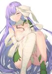  1girl ass bandage bandage_over_one_eye bandaged_arm bandaged_head bandaged_leg bandages bangs between_legs blush breasts fate/grand_order fate_(series) hand_between_legs highres itohana kingprotea lavender_eyes lavender_hair long_hair looking_at_viewer medium_breasts moss naked_bandage simple_background solo very_long_hair white_background 