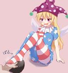  1girl american_flag_dress american_flag_legwear blonde_hair clownpiece feet foot_on_head foot_worship iberiko_(soinesitai) legs long_hair no_shoes open_mouth purple_eyes smell touhou wings 