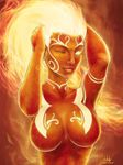  1girl breasts female fire flaming_hair glowing glowing_eyes hands_in_hair large_breasts sciamano240 smile smite sol_(smite) solo tagme wink 