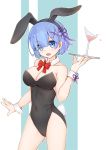  1girl animal_ears bangs black_leotard blue_background blue_eyes blue_hair blunt_bangs bow bowtie bunny_ears bunny_girl bunny_tail bunnysuit cowboy_shot detached_collar hair_ornament hair_ribbon highres leotard pink_ribbon qingye_ling re:zero_kara_hajimeru_isekai_seikatsu red_neckwear rem_(re:zero) ribbon short_hair solo strapless strapless_leotard tail two-tone_background white_background wrist_cuffs x_hair_ornament 