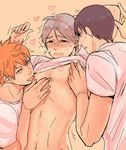  3boys abs black_hair blush chizu_(0302cz) grey_hair haikyuu!! hinata_shouyou kageyama_tobio licking male_focus multiple_boys muscle naughty_face nipples orange_hair short_hair sugawara_koushi undressing wince yaoi 