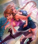  2girls anna_(frozen) back-to-back blonde_hair blue_eyes braid breasts brown_hair christmas_tree cleavage disney elsa_(frozen) feet frozen_(disney) high_heels locked_arms multiple_girls perspective shoes_removed siblings single_shoe sisters smile soles thezentlion thighhighs twin_braids window 