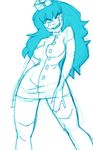  1girl blue_hair blush cure-chan hips long_hair monochrome nurse nurse_cap pose sharp_teeth simple_background solo thighhighs 