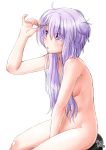  1girl :o adjusting_hair alternate_hairstyle arm_up ayama_yuiya between_legs blush body_blush breasts commentary_request eyes_visible_through_hair feet_out_of_frame hair_over_one_eye hand_between_legs long_hair navel nude parted_lips purple_eyes purple_hair sideboob signature sitting small_breasts solo stool vocaloid voiceroid white_background yuzuki_yukari 