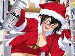  1girl alcohol bag bedroom beer bikini_top black_hair blush breasts can christmas cleavage clownculture drunk erect_nipples eyes_closed female figure glasses gloves happy holding jacket large_breasts leaning_forward legs open_clothes open_mouth original poster santa_costume santa_hat short_hair skirt smile solo standing thighs 
