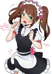  1boy apron blush brown_hair cr-r crom960 crossdressing dress earrings erection erection_under_clothes green_eyes hard_translated idolmaster idolmaster_side-m jewelry long_hair looking_at_viewer maid_headdress male_focus mizushima_saki open_mouth solo sweatdrop translated trap twintails worried 