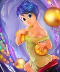  1girl ass ball barefoot blue_hair breasts cleavage disney inside_out joy_(inside_out) perspective pixar short_dress sitting strap_slip thezentlion yellow_skin 