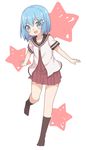  :d aoi_tori blue_hair comic commentary_request dress hair_ornament hairpin highres nanamori_school_uniform open_mouth original partial_commentary sailor_dress school_uniform serafuku short_hair smile solo teru-chan_(aoi_tori) yuru_yuri 