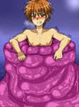  1boy a_baba blush brown_hair doumoto_kaito drooling male_focus mermaid_melody_pichi_pichi_pitch monster nipples restrained saliva short_hair slime steam tentacle 