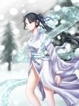  1girl black_hair blue_eyes breasts chinese_clothes fate/grand_order fate_(series) flower jing_ke_(fate/grand_order) long_hair ponytail 